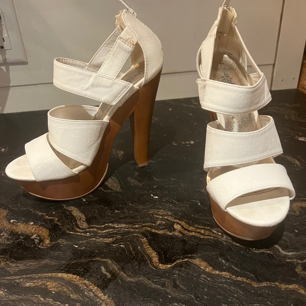 White faux leather and wood look bottom heels
